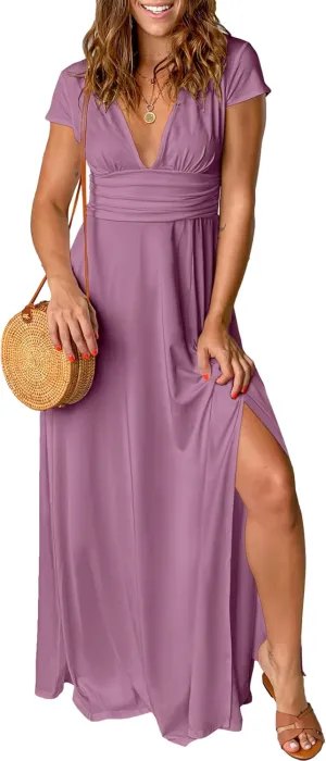 ANRABESS Women Summer Deep V Neck Short Sleeve Dresses Slit Elegant Wedding Guest Formal Cocktail Evening Maxi Long Dress