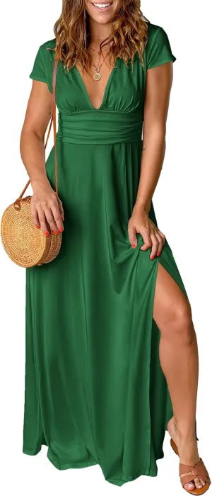 ANRABESS Women Summer Deep V Neck Short Sleeve Dresses Slit Elegant Wedding Guest Formal Cocktail Evening Maxi Long Dress