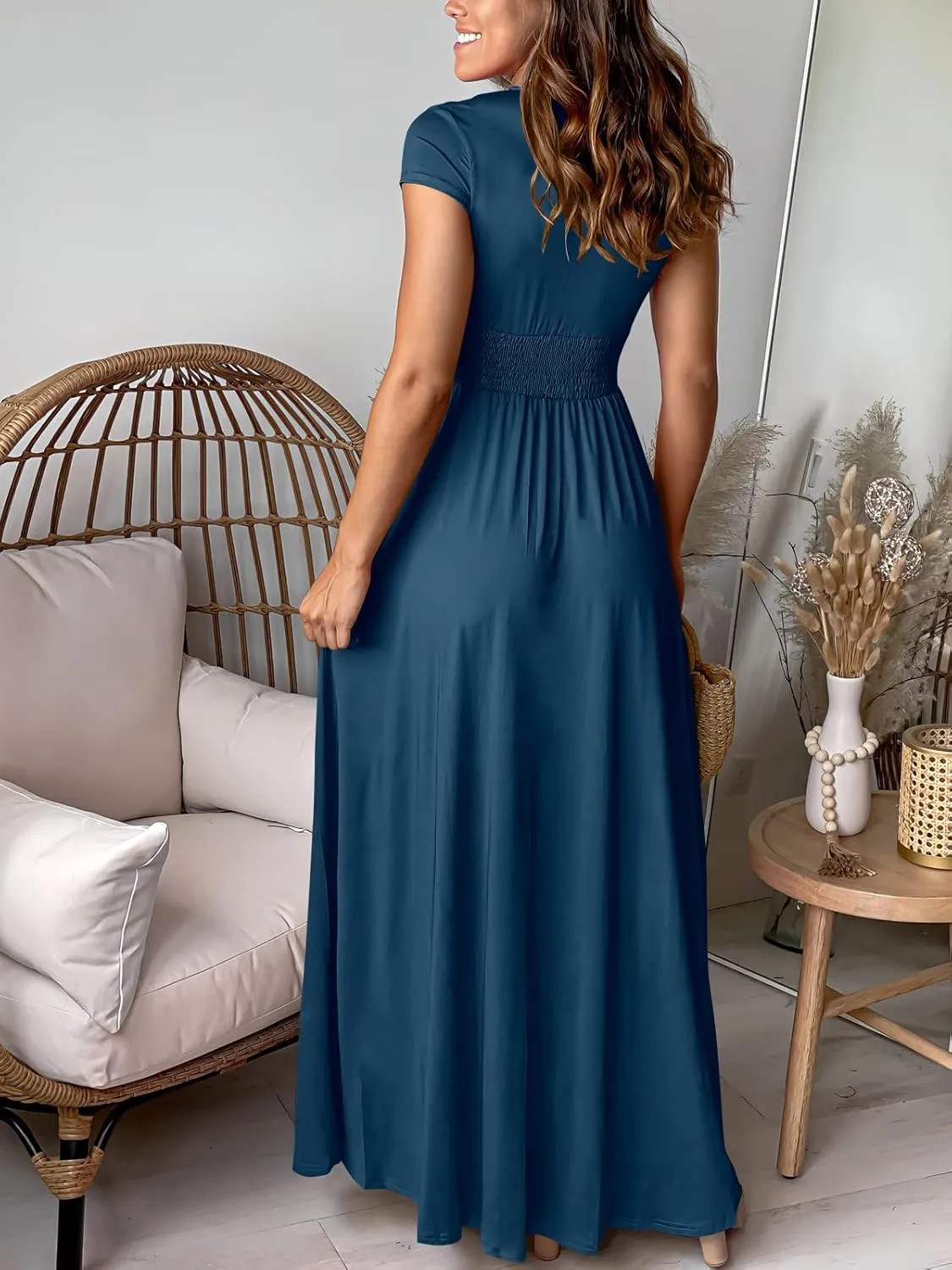 ANRABESS Women Summer Deep V Neck Short Sleeve Dresses Slit Elegant Wedding Guest Formal Cocktail Evening Maxi Long Dress