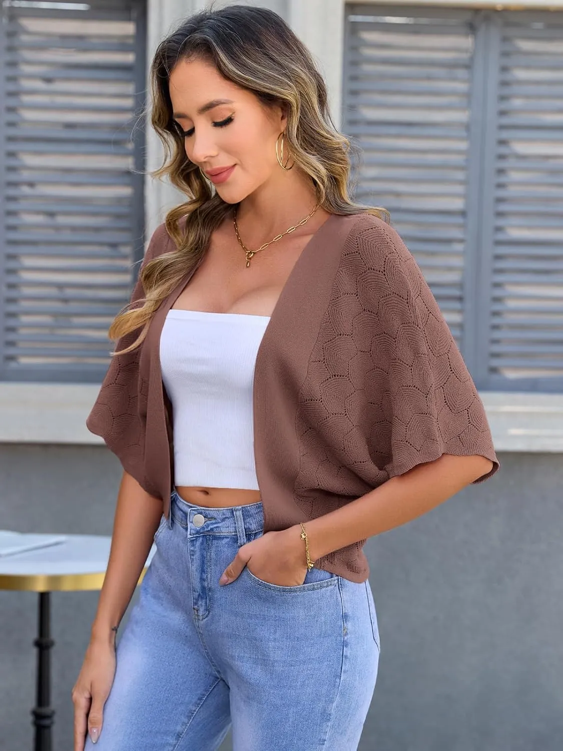 Arolina Summer Cardigans for Women Lightweight Crochet Bolero Shrugs 3/4 Batwing Sleeve Cardigan Sweaters