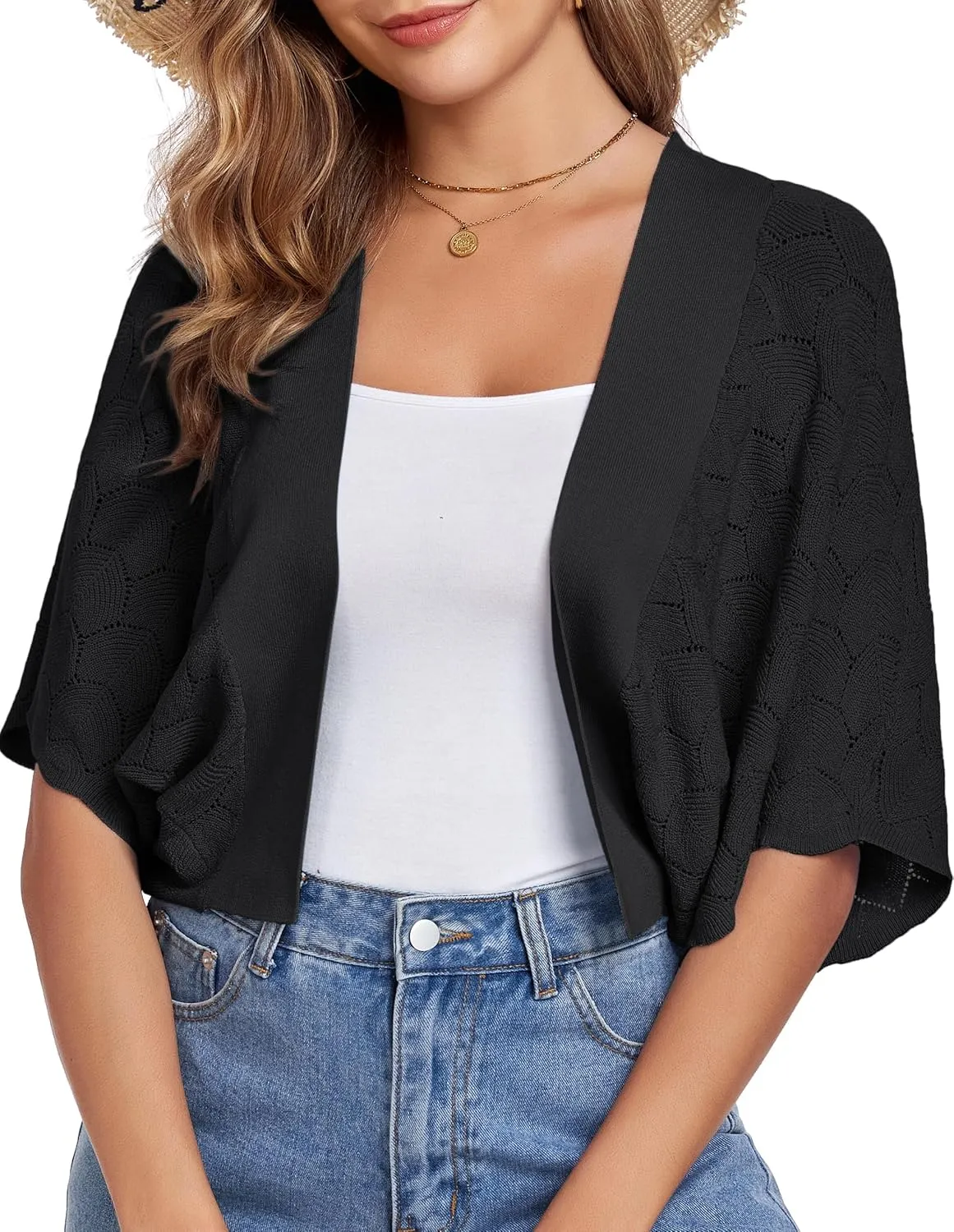 Arolina Summer Cardigans for Women Lightweight Crochet Bolero Shrugs 3/4 Batwing Sleeve Cardigan Sweaters