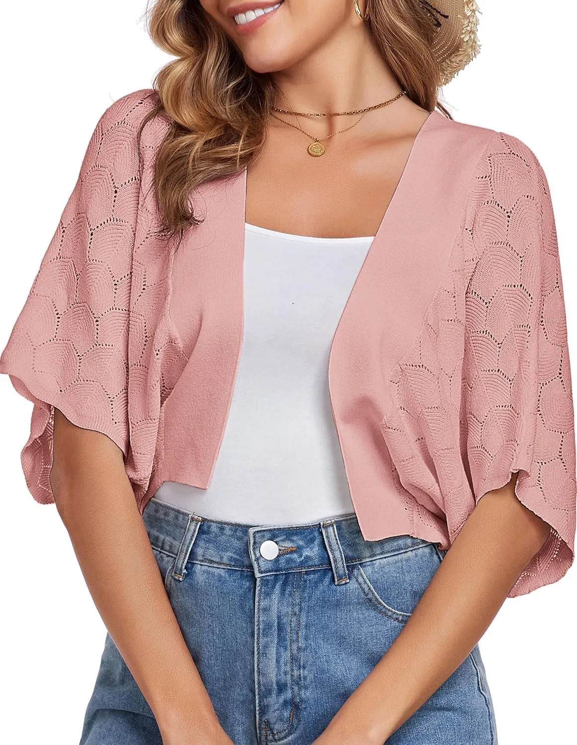 Arolina Summer Cardigans for Women Lightweight Crochet Bolero Shrugs 3/4 Batwing Sleeve Cardigan Sweaters