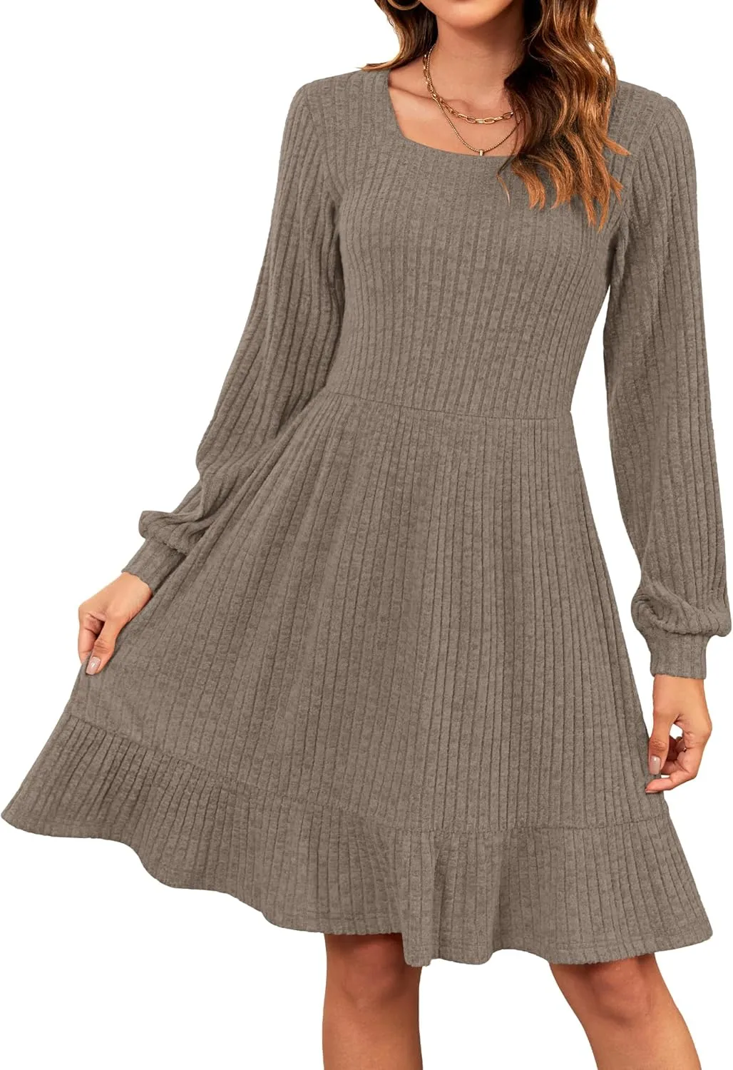 AUSELILY Womens Fall Dress 2024 Square Neck Long Sleeve Dresses Casual A Line Knit Sweater Dress with Pockets