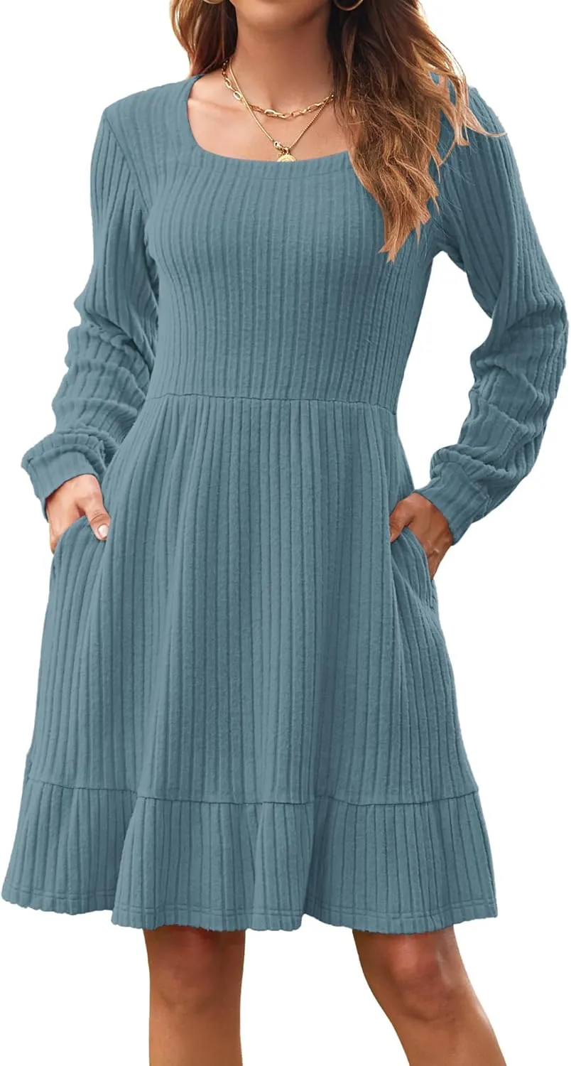 AUSELILY Womens Fall Dress 2024 Square Neck Long Sleeve Dresses Casual A Line Knit Sweater Dress with Pockets