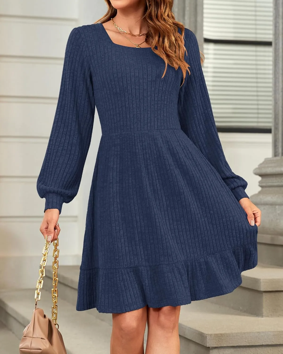 AUSELILY Womens Fall Dress 2024 Square Neck Long Sleeve Dresses Casual A Line Knit Sweater Dress with Pockets