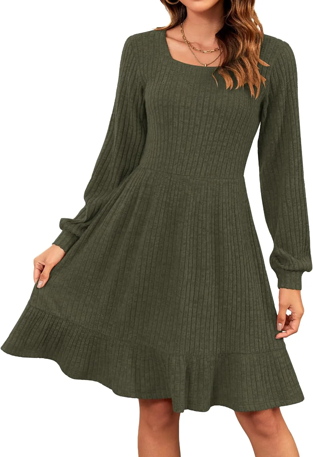 AUSELILY Womens Fall Dress 2024 Square Neck Long Sleeve Dresses Casual A Line Knit Sweater Dress with Pockets