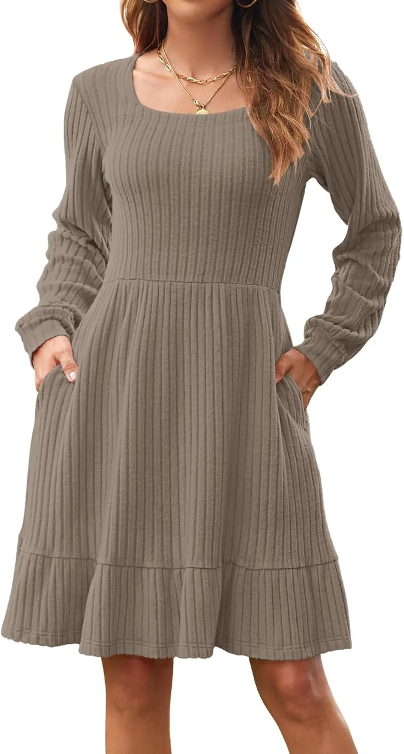 AUSELILY Womens Fall Dress 2024 Square Neck Long Sleeve Dresses Casual A Line Knit Sweater Dress with Pockets