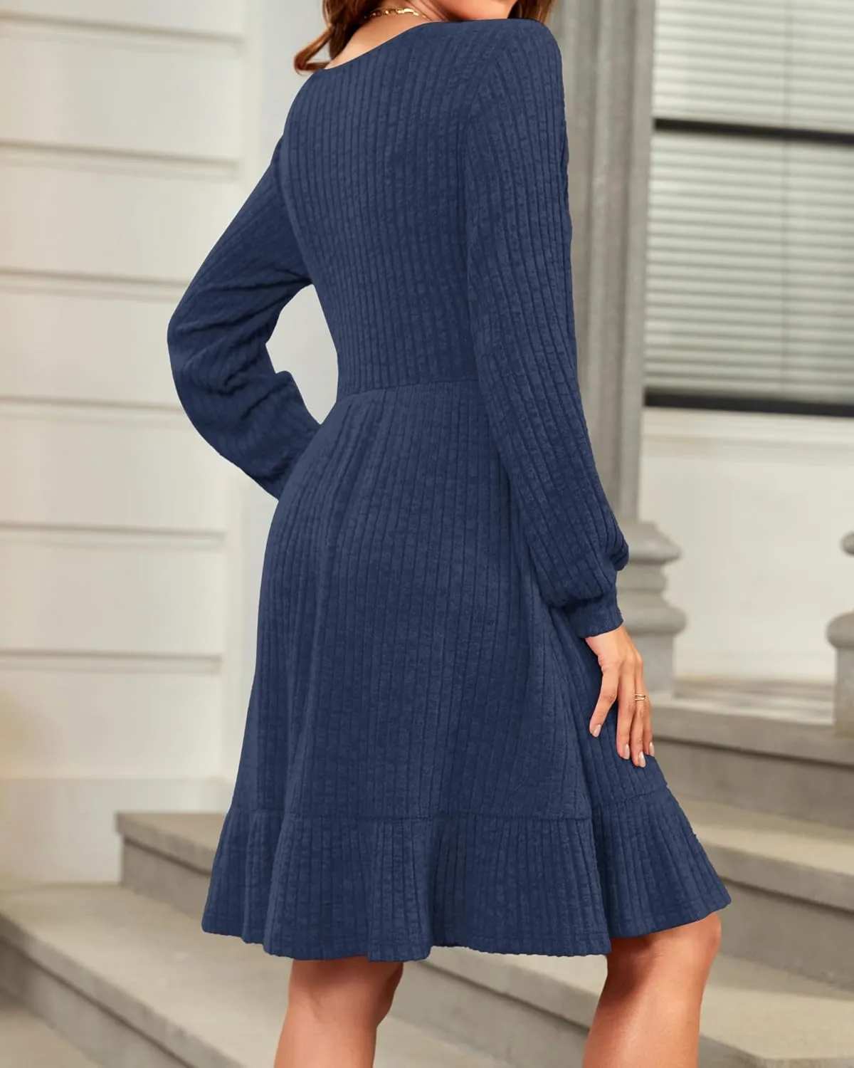 AUSELILY Womens Fall Dress 2024 Square Neck Long Sleeve Dresses Casual A Line Knit Sweater Dress with Pockets