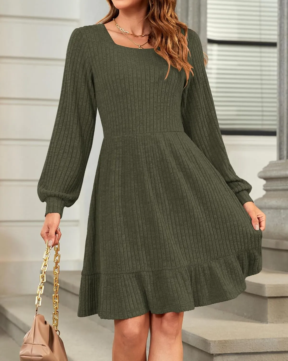 AUSELILY Womens Fall Dress 2024 Square Neck Long Sleeve Dresses Casual A Line Knit Sweater Dress with Pockets