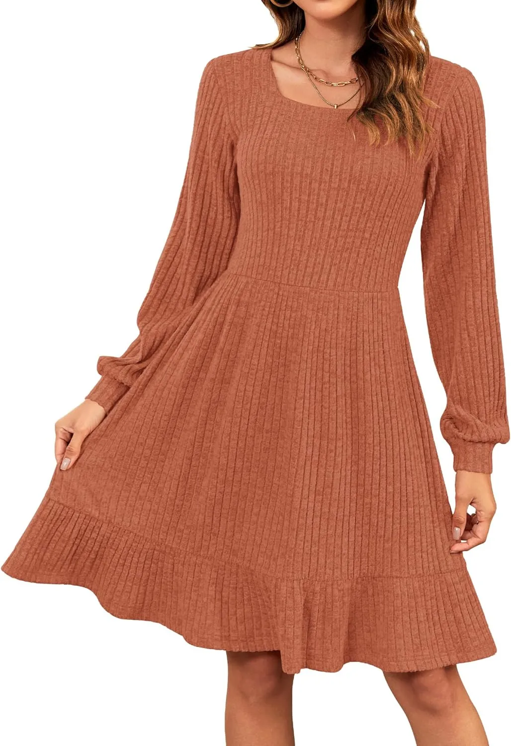 AUSELILY Womens Fall Dress 2024 Square Neck Long Sleeve Dresses Casual A Line Knit Sweater Dress with Pockets
