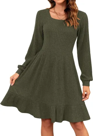 AUSELILY Womens Fall Dress 2024 Square Neck Long Sleeve Dresses Casual A Line Knit Sweater Dress with Pockets