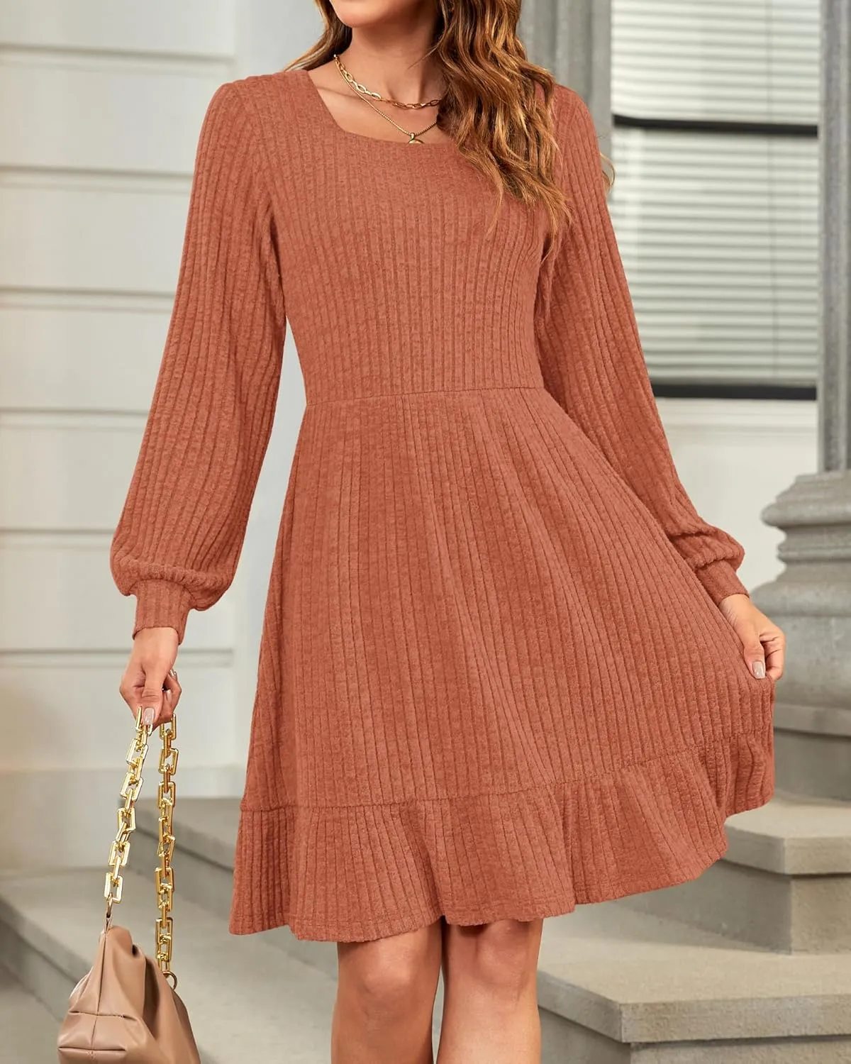 AUSELILY Womens Fall Dress 2024 Square Neck Long Sleeve Dresses Casual A Line Knit Sweater Dress with Pockets