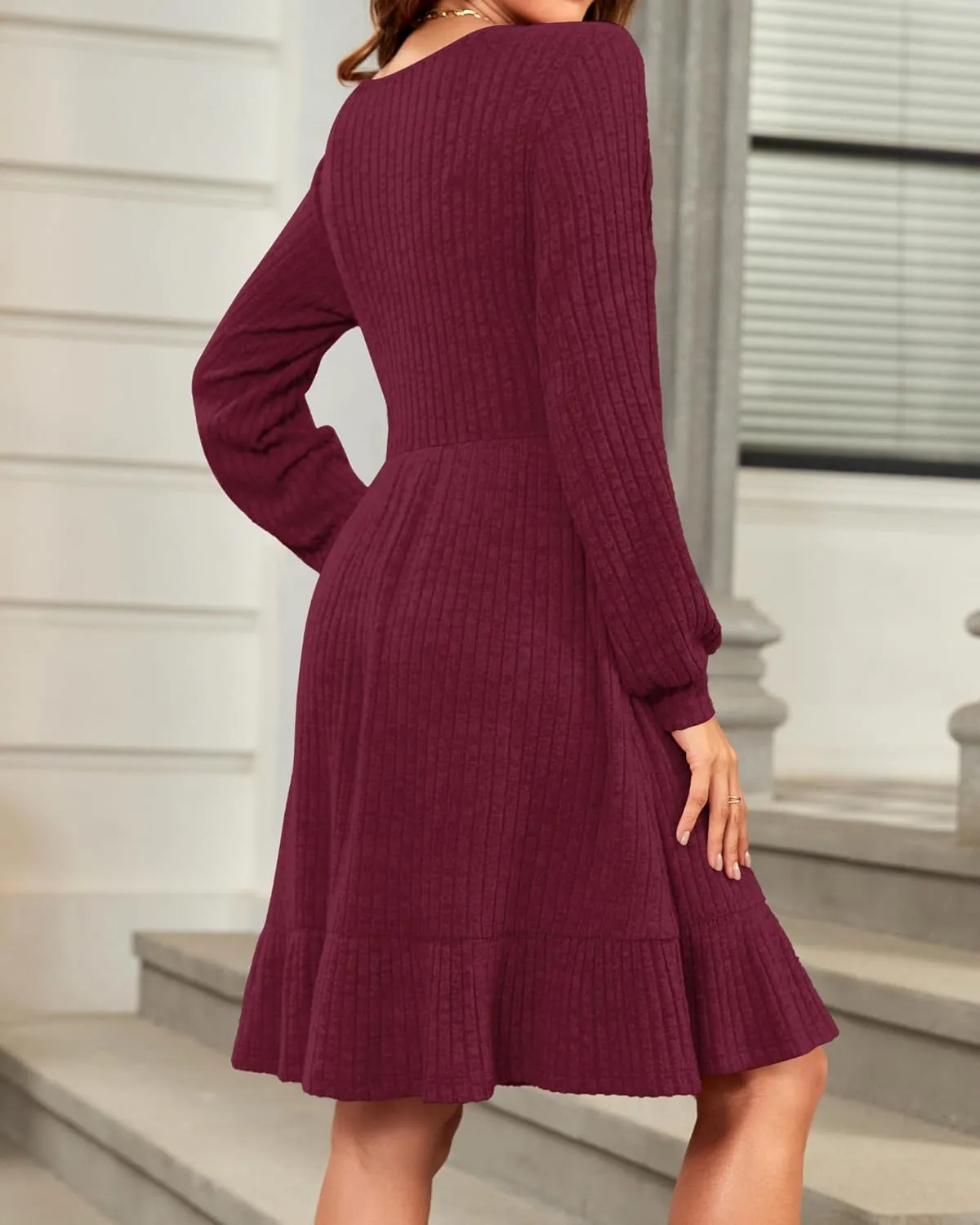 AUSELILY Womens Fall Dress 2024 Square Neck Long Sleeve Dresses Casual A Line Knit Sweater Dress with Pockets