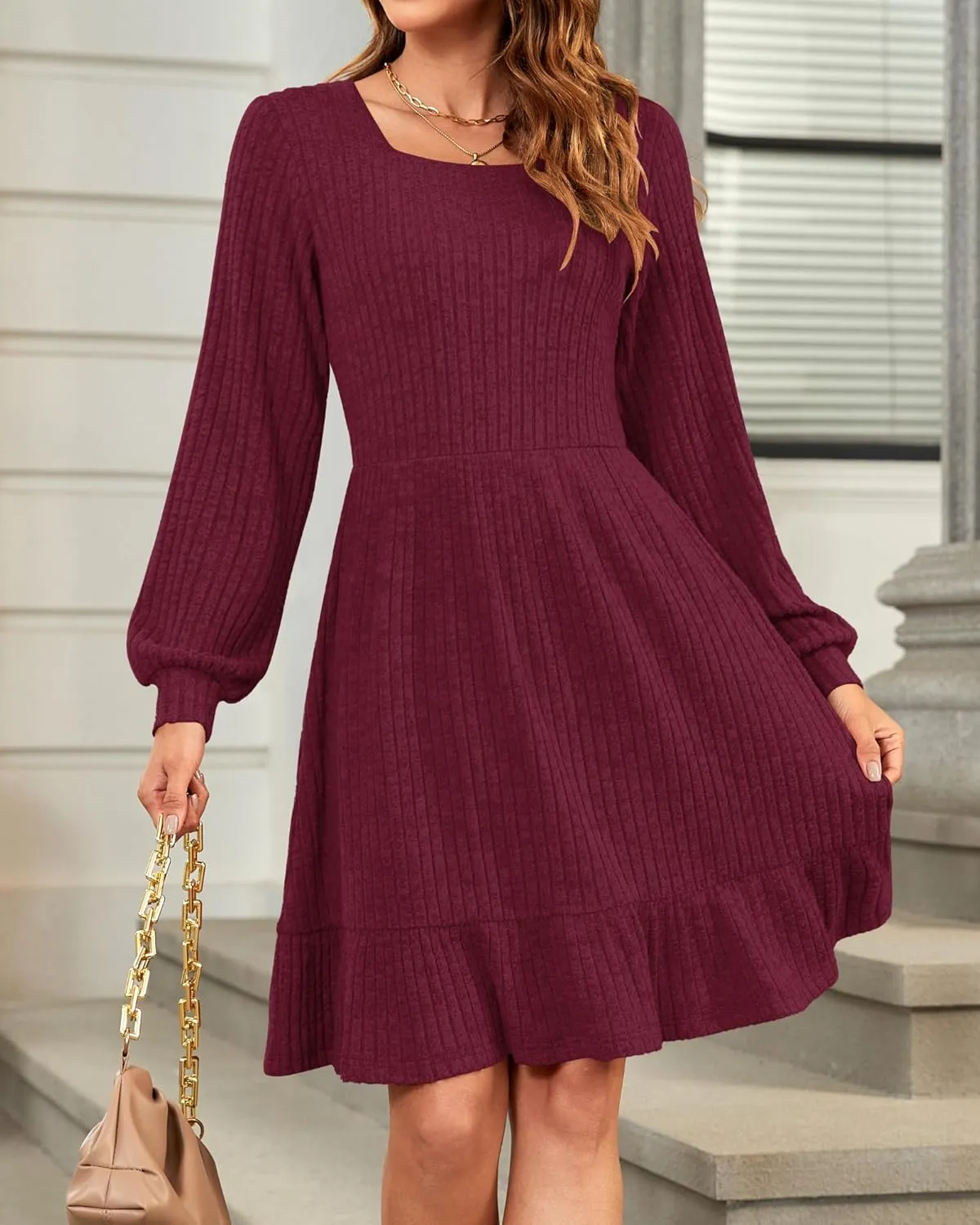 AUSELILY Womens Fall Dress 2024 Square Neck Long Sleeve Dresses Casual A Line Knit Sweater Dress with Pockets