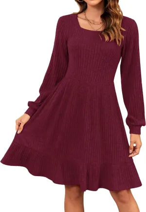 AUSELILY Womens Fall Dress 2024 Square Neck Long Sleeve Dresses Casual A Line Knit Sweater Dress with Pockets