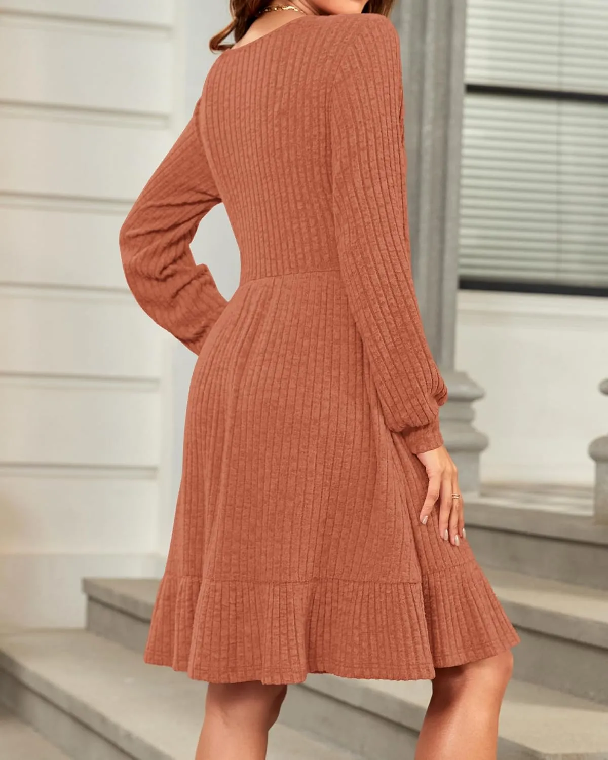 AUSELILY Womens Fall Dress 2024 Square Neck Long Sleeve Dresses Casual A Line Knit Sweater Dress with Pockets