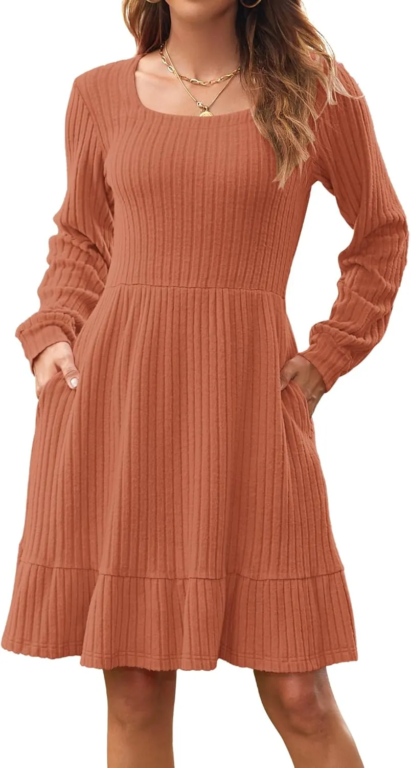 AUSELILY Womens Fall Dress 2024 Square Neck Long Sleeve Dresses Casual A Line Knit Sweater Dress with Pockets