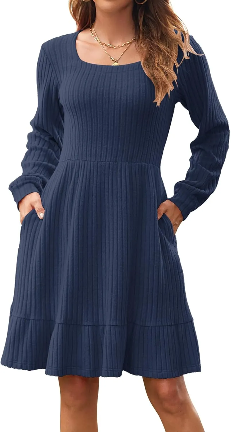 AUSELILY Womens Fall Dress 2024 Square Neck Long Sleeve Dresses Casual A Line Knit Sweater Dress with Pockets