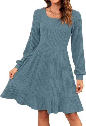 AUSELILY Womens Fall Dress 2024 Square Neck Long Sleeve Dresses Casual A Line Knit Sweater Dress with Pockets