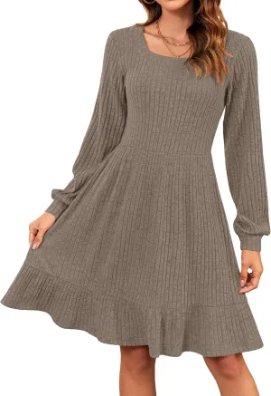 AUSELILY Womens Fall Dress 2024 Square Neck Long Sleeve Dresses Casual A Line Knit Sweater Dress with Pockets