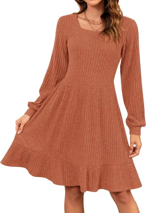 AUSELILY Womens Fall Dress 2024 Square Neck Long Sleeve Dresses Casual A Line Knit Sweater Dress with Pockets
