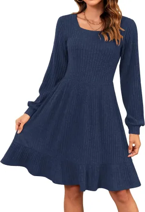AUSELILY Womens Fall Dress 2024 Square Neck Long Sleeve Dresses Casual A Line Knit Sweater Dress with Pockets