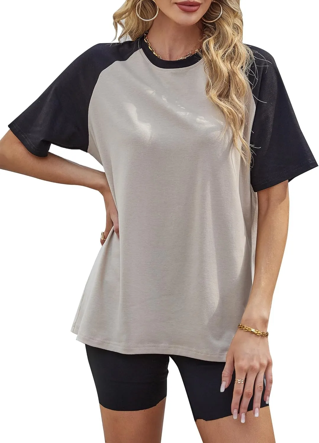 Avanova Women Raglan Short Sleeve T Shirts Color Block Top Oversized Loose Tee