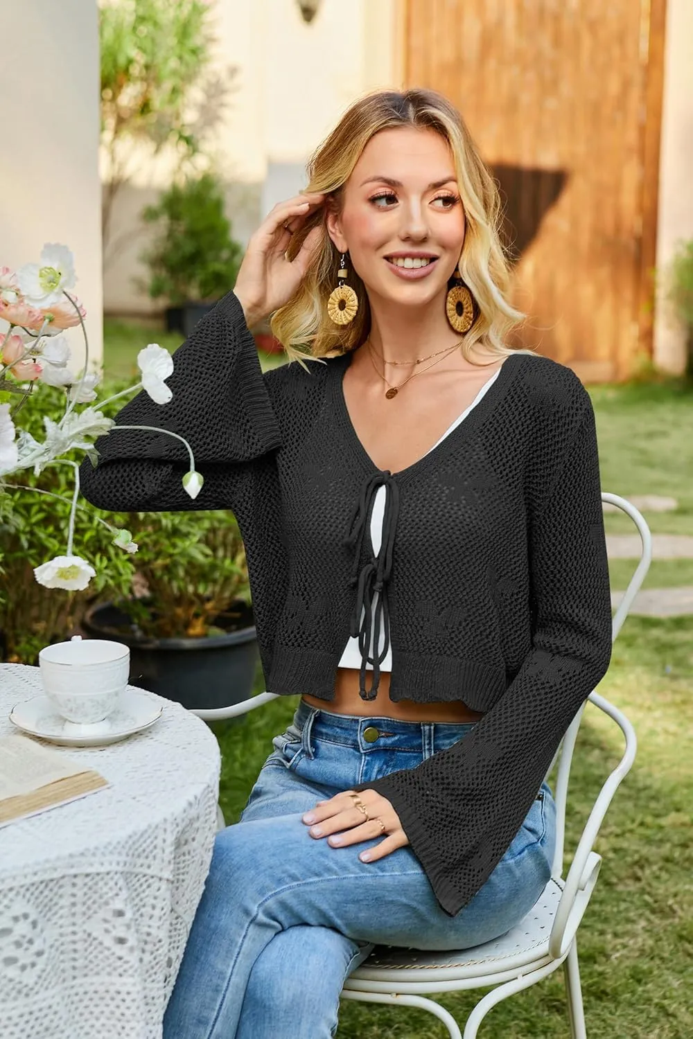 Balimtoy Women Tie Front Hollow Out Knit Crop Top Bell Sleeve V Neck Knotted Crochet Cardigan Boho Cute Bolero Shrug
