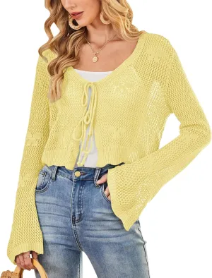 Balimtoy Women Tie Front Hollow Out Knit Crop Top Bell Sleeve V Neck Knotted Crochet Cardigan Boho Cute Bolero Shrug