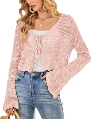 Balimtoy Women Tie Front Hollow Out Knit Crop Top Bell Sleeve V Neck Knotted Crochet Cardigan Boho Cute Bolero Shrug