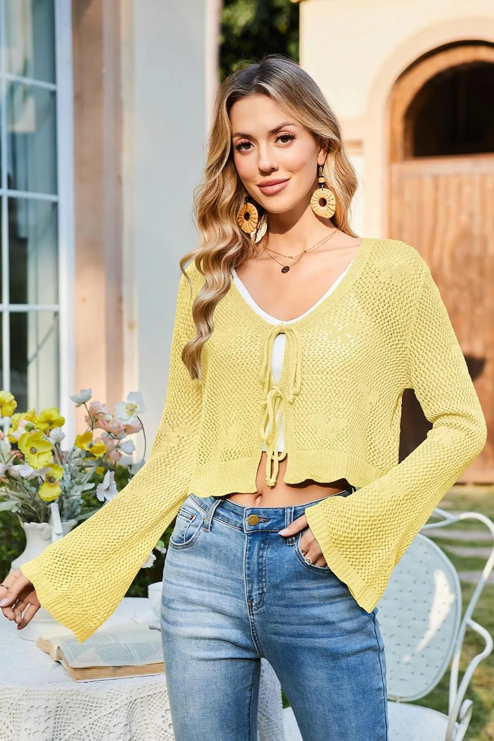 Balimtoy Women Tie Front Hollow Out Knit Crop Top Bell Sleeve V Neck Knotted Crochet Cardigan Boho Cute Bolero Shrug