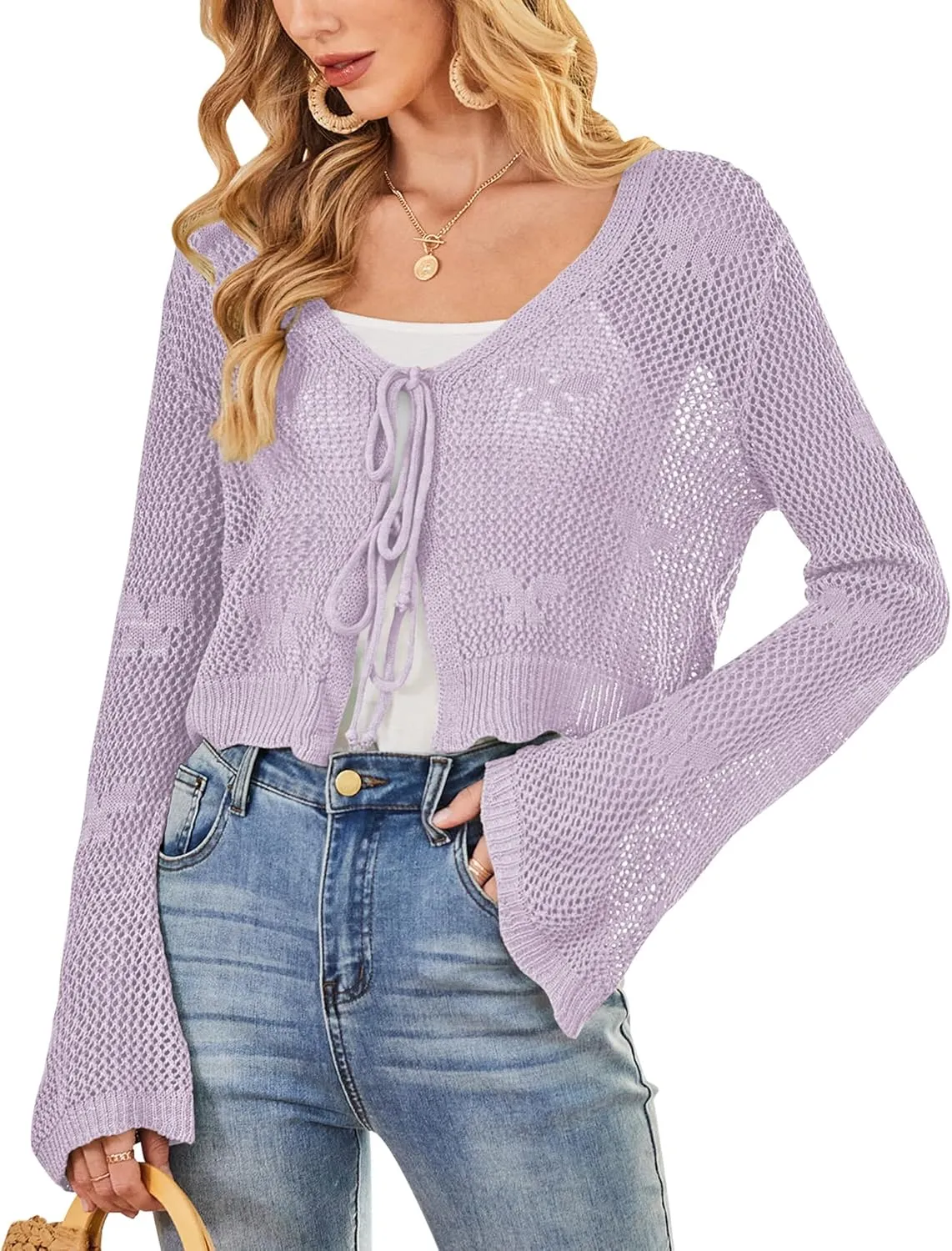 Balimtoy Women Tie Front Hollow Out Knit Crop Top Bell Sleeve V Neck Knotted Crochet Cardigan Boho Cute Bolero Shrug