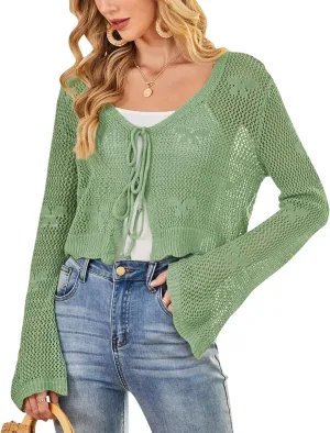 Balimtoy Women Tie Front Hollow Out Knit Crop Top Bell Sleeve V Neck Knotted Crochet Cardigan Boho Cute Bolero Shrug