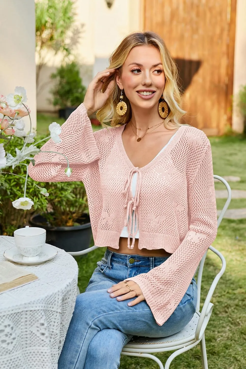 Balimtoy Women Tie Front Hollow Out Knit Crop Top Bell Sleeve V Neck Knotted Crochet Cardigan Boho Cute Bolero Shrug