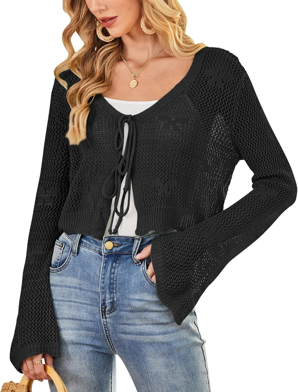 Balimtoy Women Tie Front Hollow Out Knit Crop Top Bell Sleeve V Neck Knotted Crochet Cardigan Boho Cute Bolero Shrug