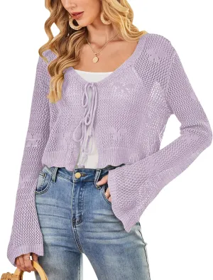 Balimtoy Women Tie Front Hollow Out Knit Crop Top Bell Sleeve V Neck Knotted Crochet Cardigan Boho Cute Bolero Shrug