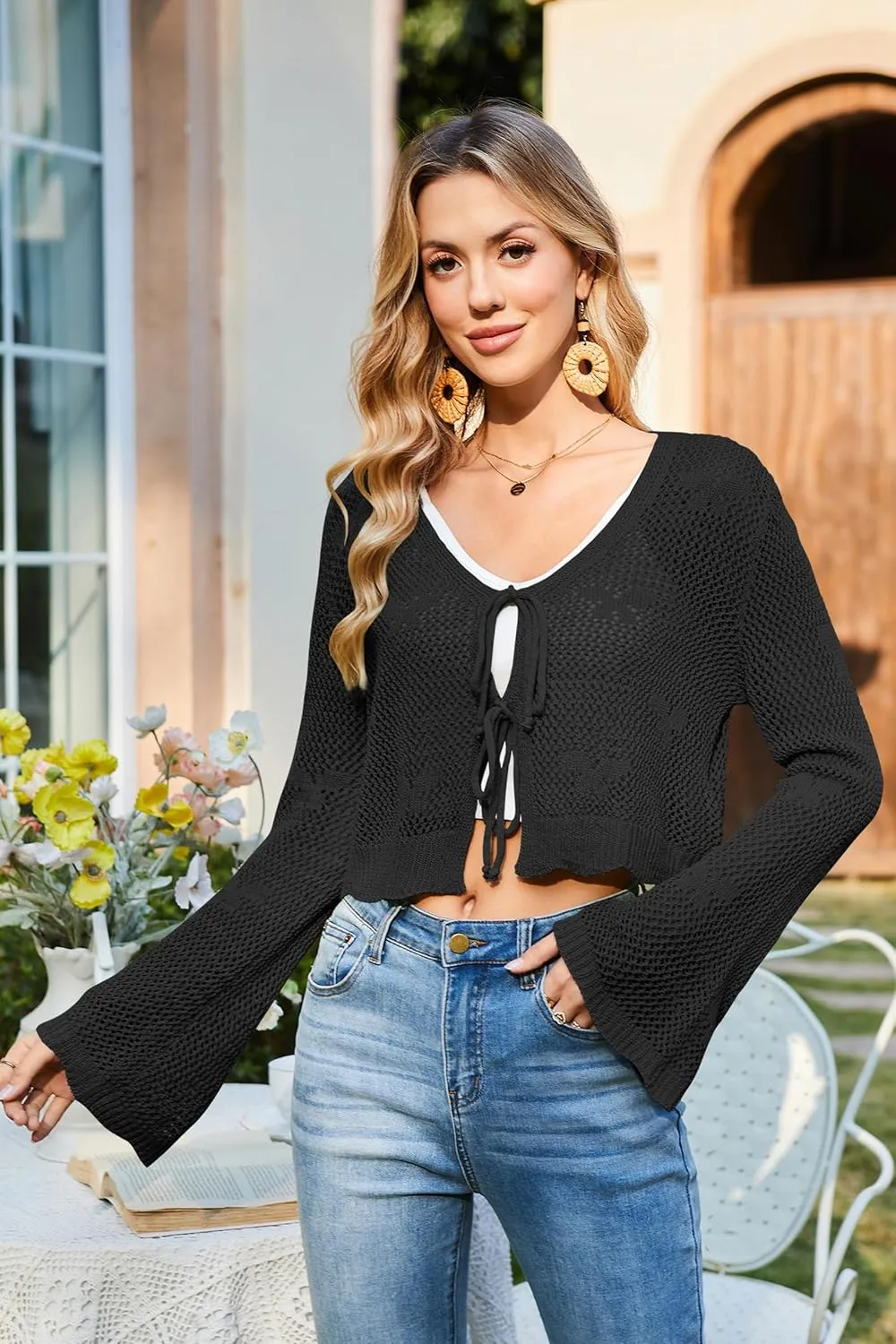 Balimtoy Women Tie Front Hollow Out Knit Crop Top Bell Sleeve V Neck Knotted Crochet Cardigan Boho Cute Bolero Shrug