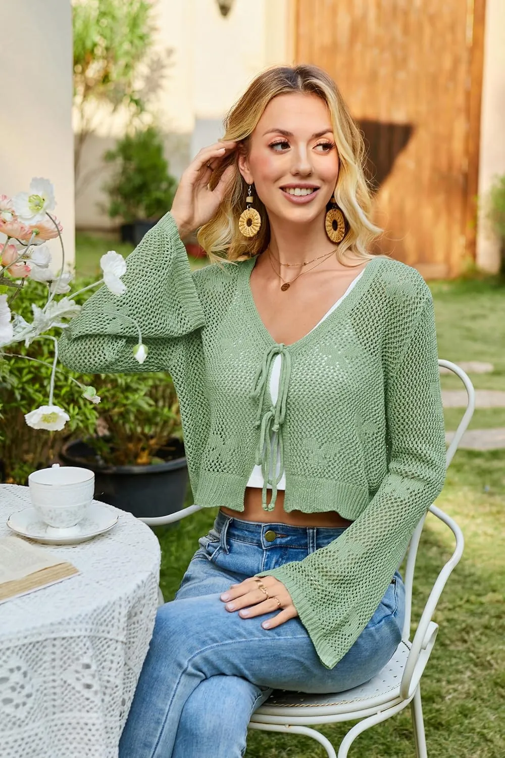 Balimtoy Women Tie Front Hollow Out Knit Crop Top Bell Sleeve V Neck Knotted Crochet Cardigan Boho Cute Bolero Shrug
