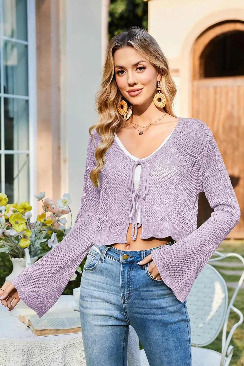 Balimtoy Women Tie Front Hollow Out Knit Crop Top Bell Sleeve V Neck Knotted Crochet Cardigan Boho Cute Bolero Shrug
