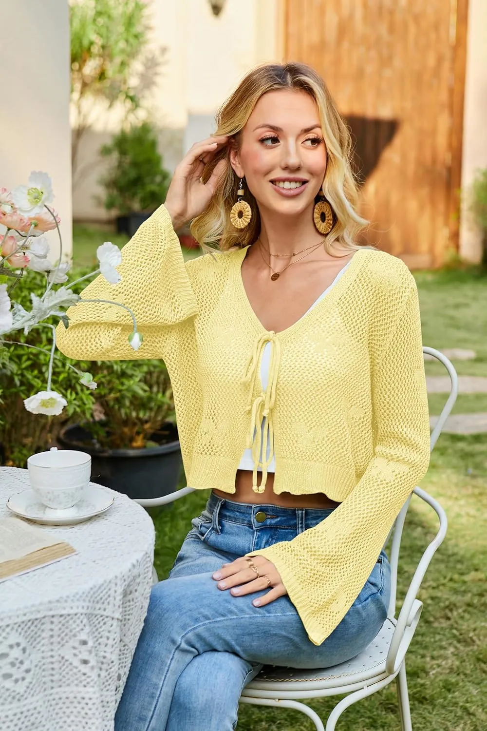 Balimtoy Women Tie Front Hollow Out Knit Crop Top Bell Sleeve V Neck Knotted Crochet Cardigan Boho Cute Bolero Shrug