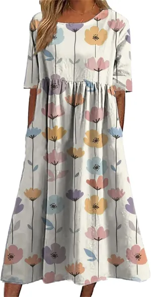 Bengbobar Women's Boho Floral Maxi Dress Casual Vacation Flowy Cotton Linen Short Sleeve Summer Tshirt Dresses with Pockets