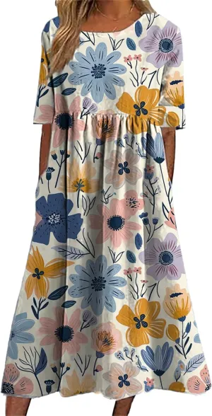 Bengbobar Women's Boho Floral Maxi Dress Casual Vacation Flowy Cotton Linen Short Sleeve Summer Tshirt Dresses with Pockets