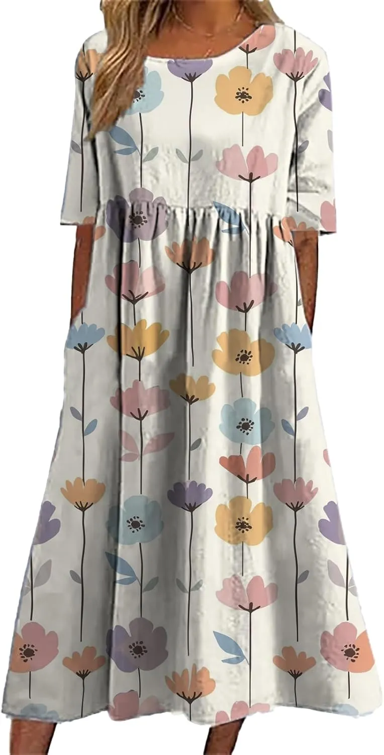 Bengbobar Women's Boho Floral Maxi Dress Casual Vacation Flowy Cotton Linen Short Sleeve Summer Tshirt Dresses with Pockets