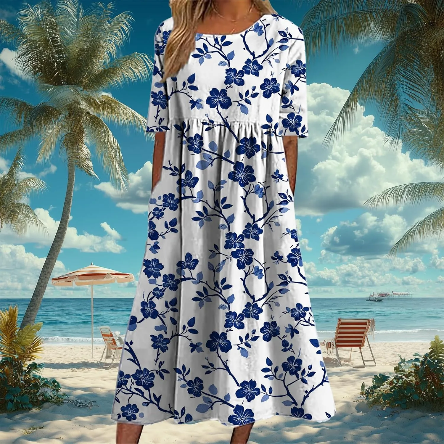 Bengbobar Women's Boho Floral Maxi Dress Casual Vacation Flowy Cotton Linen Short Sleeve Summer Tshirt Dresses with Pockets