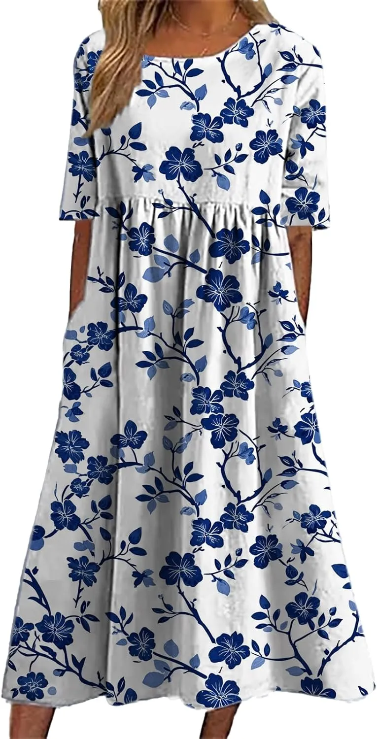 Bengbobar Women's Boho Floral Maxi Dress Casual Vacation Flowy Cotton Linen Short Sleeve Summer Tshirt Dresses with Pockets