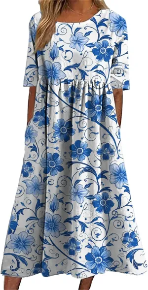 Bengbobar Women's Boho Floral Maxi Dress Casual Vacation Flowy Cotton Linen Short Sleeve Summer Tshirt Dresses with Pockets