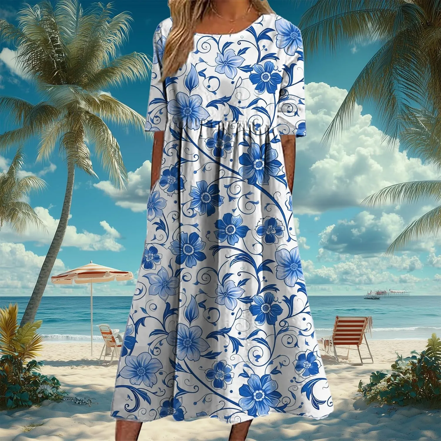 Bengbobar Women's Boho Floral Maxi Dress Casual Vacation Flowy Cotton Linen Short Sleeve Summer Tshirt Dresses with Pockets