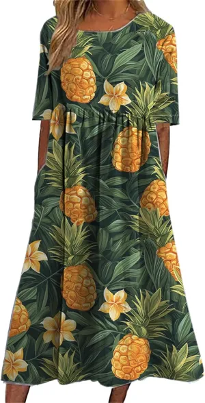 Bengbobar Women's Boho Floral Maxi Dress Casual Vacation Flowy Cotton Linen Short Sleeve Summer Tshirt Dresses with Pockets