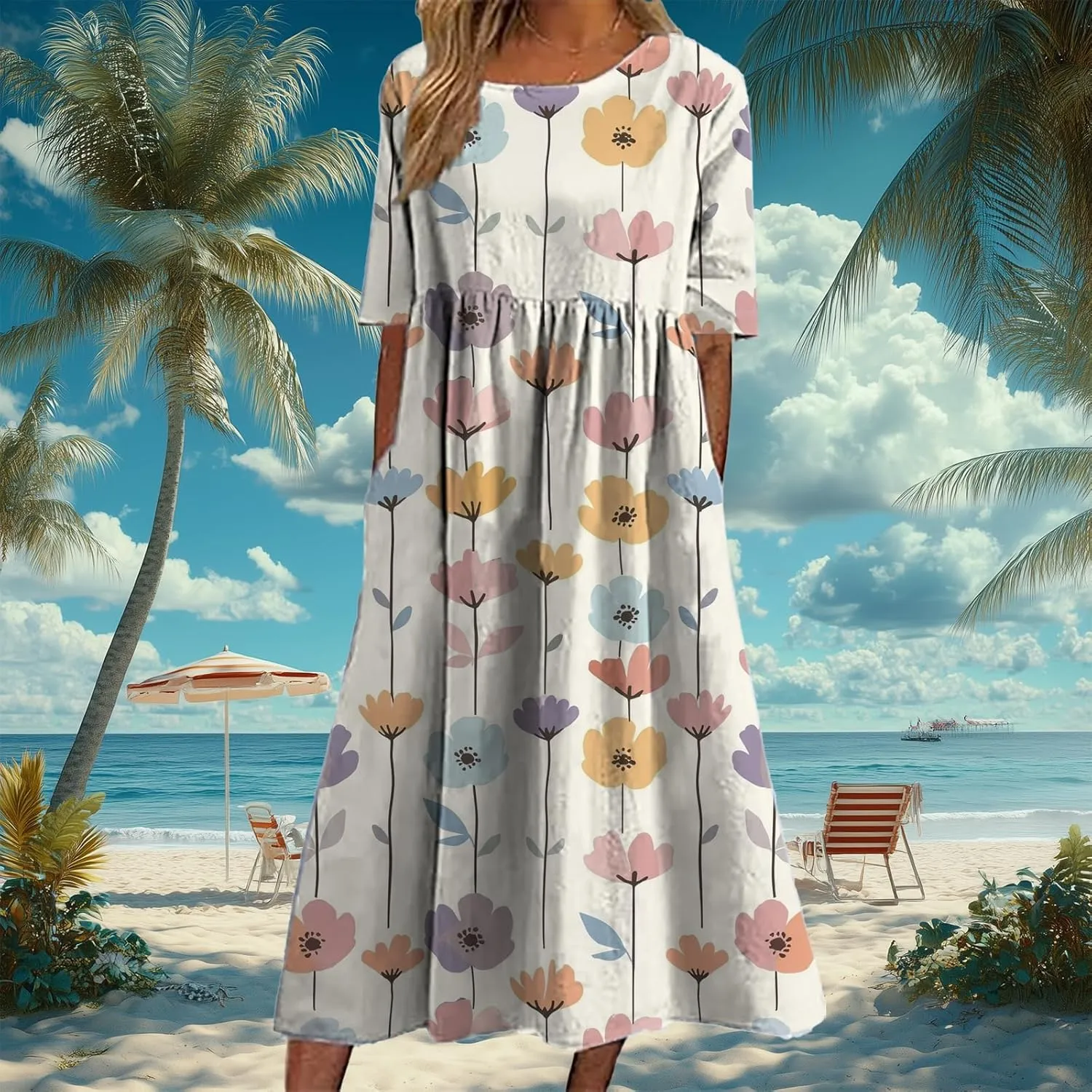 Bengbobar Women's Boho Floral Maxi Dress Casual Vacation Flowy Cotton Linen Short Sleeve Summer Tshirt Dresses with Pockets