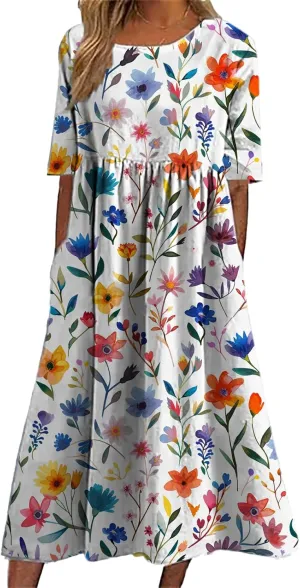 Bengbobar Women's Boho Floral Maxi Dress Casual Vacation Flowy Cotton Linen Short Sleeve Summer Tshirt Dresses with Pockets